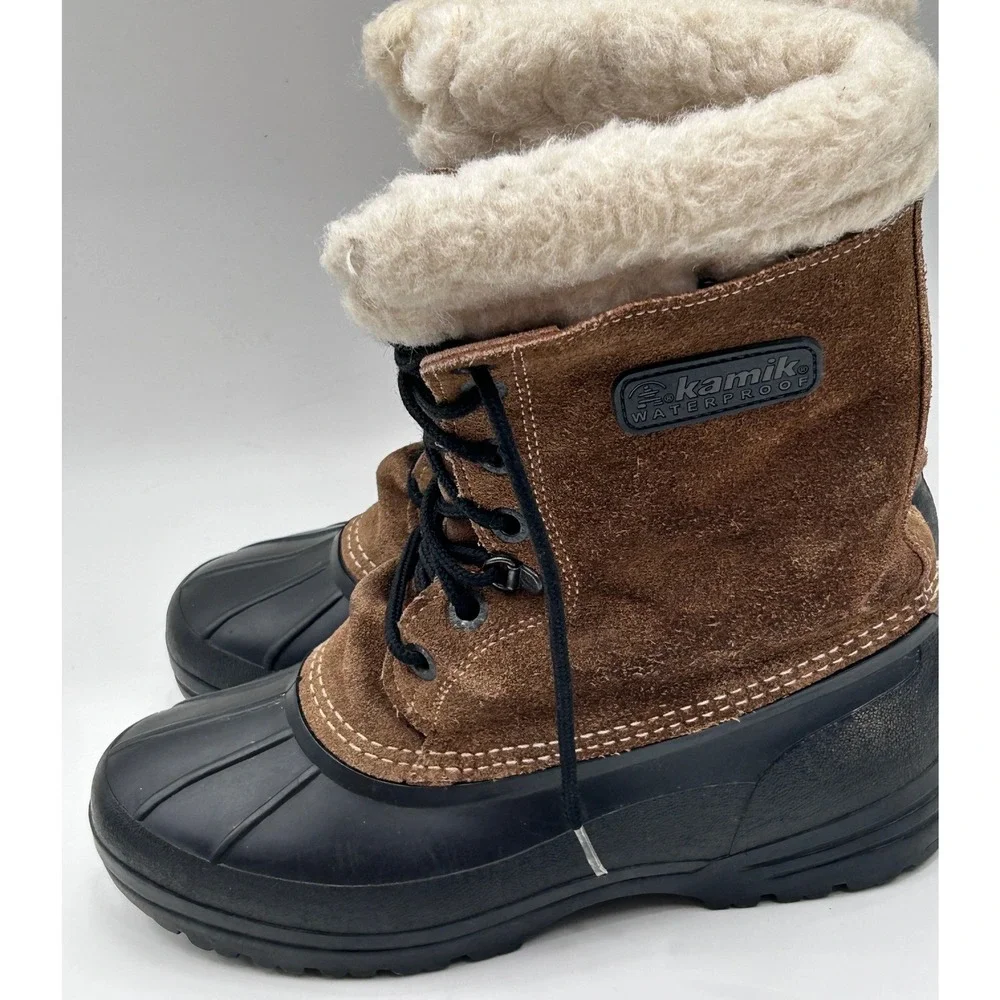 Kamik Waterproof Brown Suede Winter Duck Boots Faux Fur Trim Lace Up Mens 8